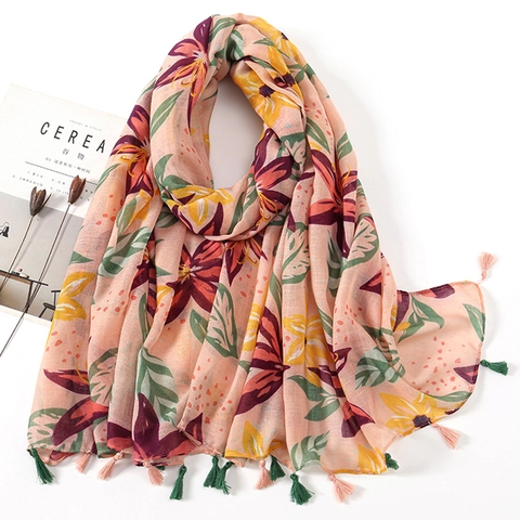 Vintage Bloemenprint Sjaal Grote Bloem Kwastjes Omslagdoek Voor Dames Lichtgewicht Bali Garen Strand Cover Up Zonbescherming