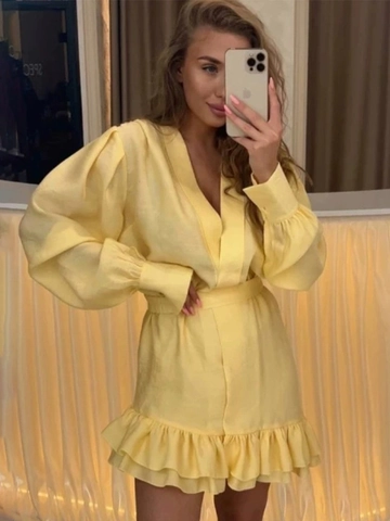 Mini Kleid V-Ausschnitt Lange Laternenärmel Knopfleiste Gummizug Taille Rüschensaum Viskose Nylon Lässig Urlaub