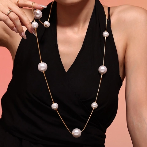 Elegant Stainless Steel Long Shell Bead Sweater Chain Necklace For Women Gold Silver Plated Baroque PVD Plated Jewelry