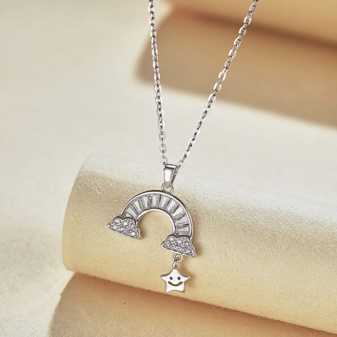 S925 Sterlingsilber Regenbogen Stern Anhänger Halskette Für Damen Zirkonia Eingelegt Süß Smiley Wolke Choker Mode Schmuck