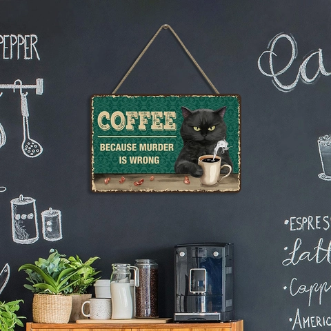 Vintage Cat Coffee Poplar Wood Sign Humor Black Cat Plaque Wall Decor For Kitchen Cafe Home Retro Pet Lover Gift