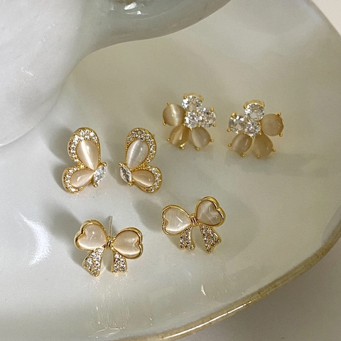 Elegant Bowknot Flower Butterfly Stud Earrings For Women 925 Sterling Silver Post Copper Zirconia Cat Eye Stone Gold Jewelry