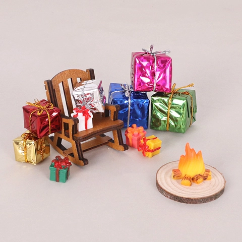 Miniatuur Kerstversiering Houten Schommelstoel Hars Kampvuur Geschenkdozen Poppenhuis DIY Micro Landschap Accessoires