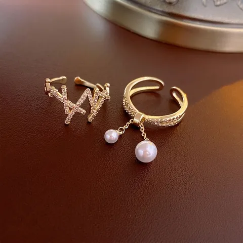 Anello Aperto Placcato Oro Rame Zirconia Doppio Strato Nappina Perla Artificial Pendente Geometrico Gioielli Regolabili Da Donna
