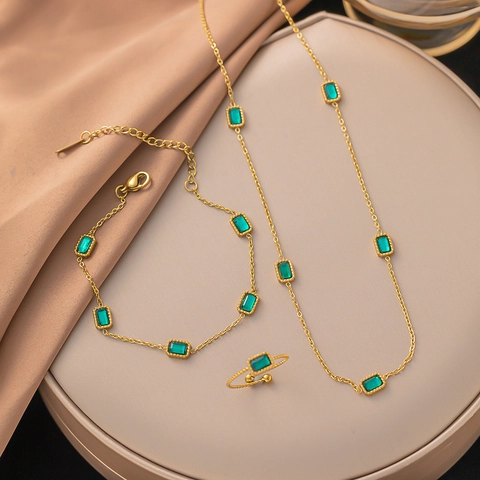 Square Emerald Zircon Jewelry Stainless Steel Gold Plated Necklace And Bracelet For Women Vintage Luxury