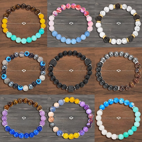 Natural Stone Beaded Bracelet Elastic Tiger Eye Lava Rock Evil Eye Chakra Healing Jewelry For Women Men