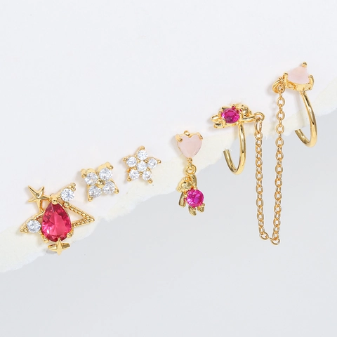 Orecchini A Lobo Con Cuore Stella Orso In Zircone Con Perno In Argento Sterling 925 E Gioielli Con Polsini A Catena Per Donna