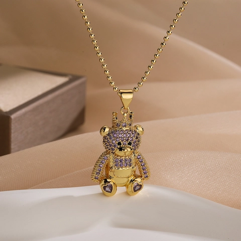 Collana con Ciondolo a Forma di Orso con Corona in Rame Hip Hop con Intarsio di Zirconia Placcata in Oro Gioielli Donna Festa