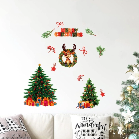 Christmas Wall Stickers PVC Self Adhesive Reindeer Wreath Tree Decals For Window Door Glass Showcase Holiday Decor
