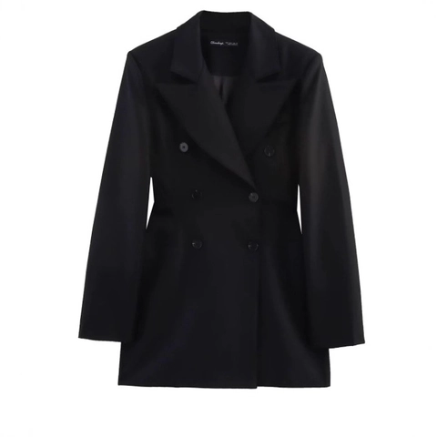 Dames Zwarte Double-Breasted Blazer Jas Schoudervullingen Lange Mouwen Revers Satijn Professioneel Elegant Kantoor