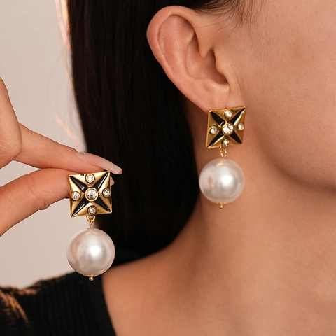 Vintage Quadratische Geometrische Legierung Ohrhänger Mit Kunstperle Rhinestone Schwarzem Emaille Und Silver Earring Post
