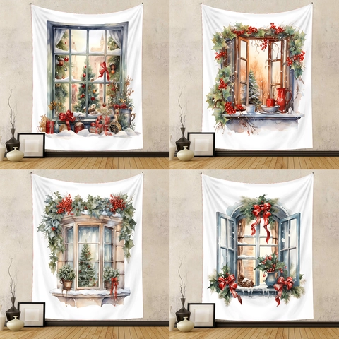 Arazzo Da Parete Scena Di Neve Invernale Acquerello Albero Di Natale Vista Finestra Tessuto Di Sfondo Per Decorazione Casa