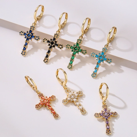 Orecchini A Cerchio Con Croce Placcati In Oro 18K Rame Zircone Colorato Geometrico Stile INS Moda Per Donne Gioielli