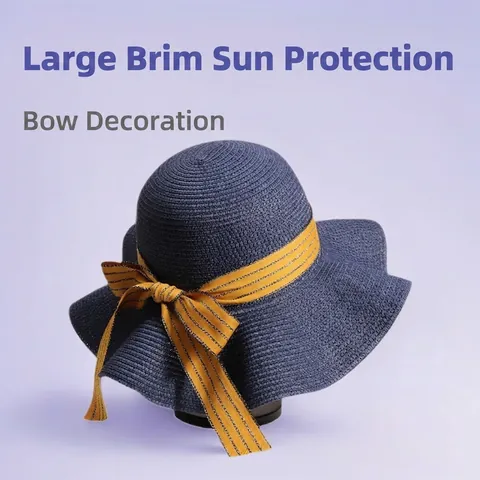 Damen Mode Breite Krempe Strohhut Mit Schleife Sommer Faltbarer Strandhut Für Urlaub Sonnenschutz Atmungsaktiv