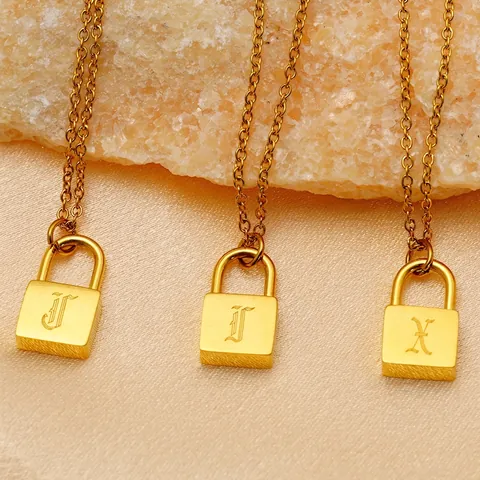 Padlock Pendant Necklace 18K Gold Plated Stainless Steel Gothic Engraved Initial Letter Vintage Minimalist Jewelry For Women