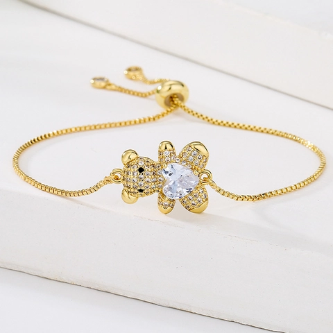 Bracciale In Rame Con Ciondolo A Orsetto Zircone A Forma Di Cuore Micro Pavé Coulisse Regolabile Gioielli Regalo Donne
