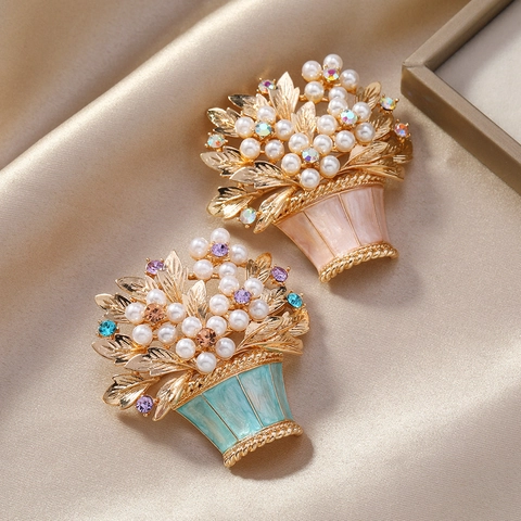 Spilla Vintage Cesto Di Fiori Lega Di Zinco Smalto Perla Artificial Sintetica Strass Colorati Elegante Spilla Da Balia Matrimonio