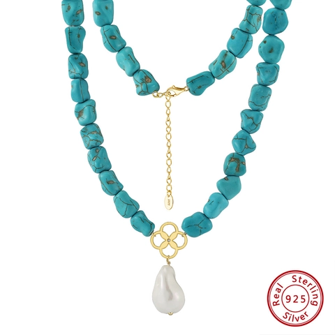 Collana Di Künstliche Perle Di Turchese Con Pendente Di Perla Artificial Barocca Argento 925 Placcato Oro 14K Gioielli Stile Boho Vintage Da Donna