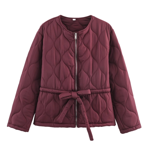Veste Matelassée Rembourrée Pour Femmes Col Rond Manches Longues Taille Nouée Couleur Unie Polyester Manteau Streetwear