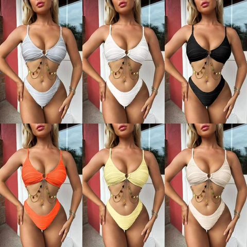 Costume Da Bagno Bikini Donna Tessuto Pieghe A Coste Catena Metallo Paillettes Taglio Alto Spiaggia Sexy Estate