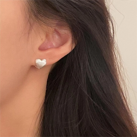 Minimalist Heart Stud Earrings 925 Sterling Silver Brushed Matte Texture Korean Style For Women Fashion Jewelry