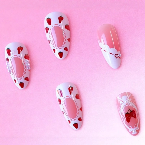 Almond Shape Press On Nails Französisch Rot Erdbeere Muster Schleife Künstliche Perle Dekor Süße Süße Künstliche Fingernägel