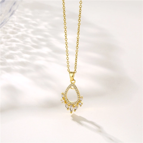 Waterdrop Pendant Necklace Micro Pave Zircon Gold Plated Stainless Steel Chain French Court Style Jewelry Women