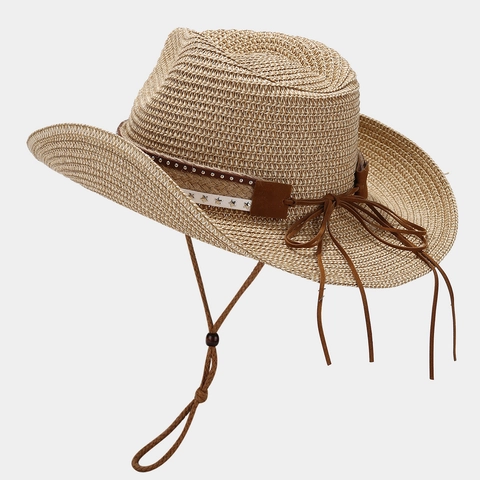 Women Western Cowboy Straw Hat Star Rivets Turquoise Decor Sun Protection Wide Brim Beach Summer Adjustable Wind Rope