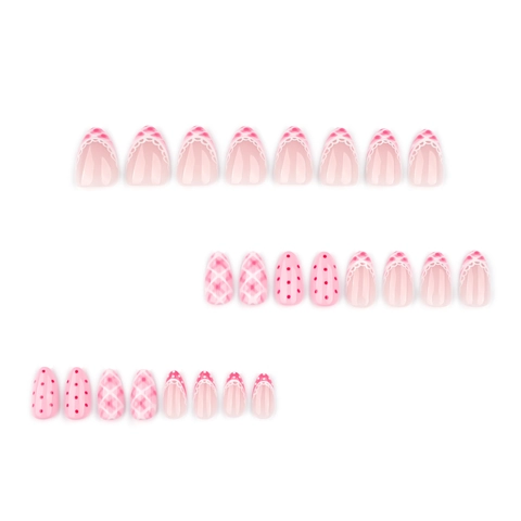 Pink French Lace Press On Nails Strawberry Polka Dot Grid Pattern False Nail Tips Short Almond Oval Shape For Women
