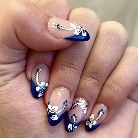 Unghie Finte French Tip Blu Mandorla Lunga Stampa Ibisco Bianco Base Nude Unghie Artificiali Per Donne