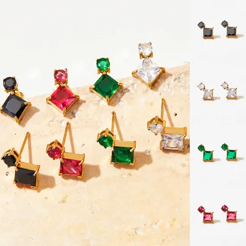 Geometrische Vierkante En Ronde Cubic Zirconia Oorknopjes Roestvrij Staal Verguld Minimalistische Elegante Sieraden Voor Dames