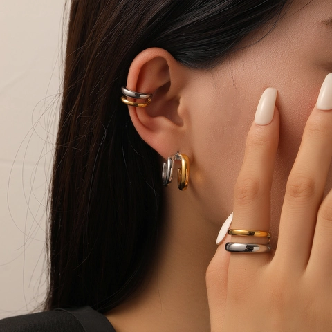 Pendientes De Aro En Forma De C Y Ear Cuffs De Acero Inoxidable Chapado En Oro De 18K Bicolor Pulido Para Mujer