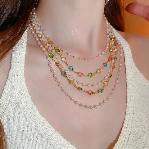 Gelaagde Ketting Voor Dames Met Imitatieparels En Kleurrijke Glaskristallen Goudkleurige Legering Zoete Elegante Vintage Sieraden