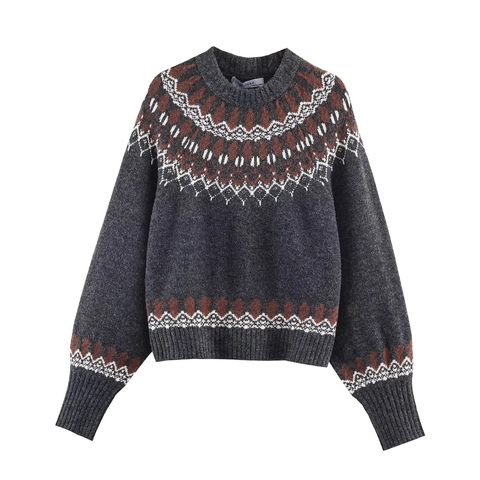 Mujer Vintage Fair Isle Suéter Geométrico Jacquard Punto Jersey Cuello Redondo Manga Larga Informal Suave Cálido Tops