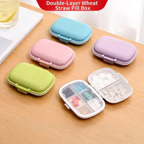Portable Pill Box Case Wheat Straw PP Plastic Moisture Proof Travel Medication Organizer Weekly Supplement Storage Container