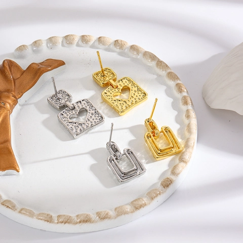 Orecchini a Cuore in Rame Martellato Vintage per Donna Orecchini a Pendente Geometrici Quadrati Rettangolari Placcati Oro Argento 18k