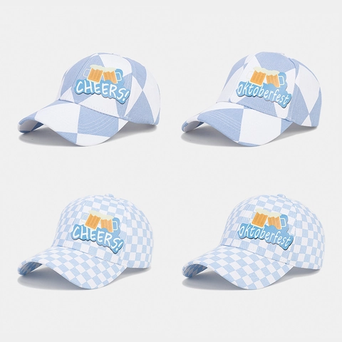 Oktoberfest Baseballkappe Blau Weiß Kariert Baumwolle Partyhut Mit Cheers Bier Patch Verstellbar
