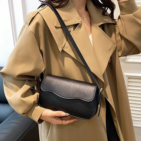 Women PU Leather Small Square Bag With Wave Edge Flap Adjustable Strap Casual Solid Color Underarm Crossbody Bag