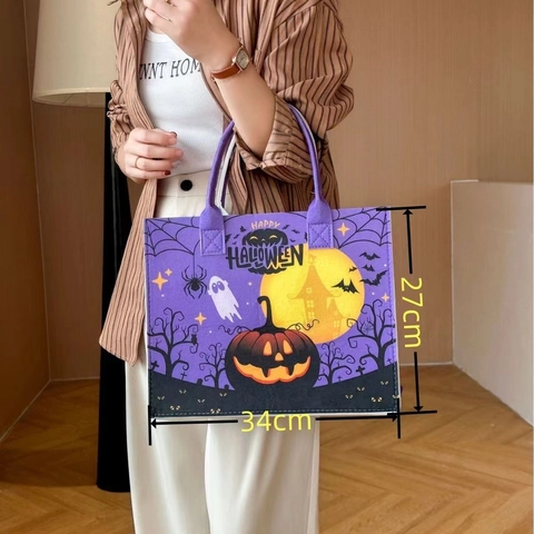 Halloween Tote Bag Felt Pumpkin Ghost Print Large Capacity Holiday Party Gift Handbag