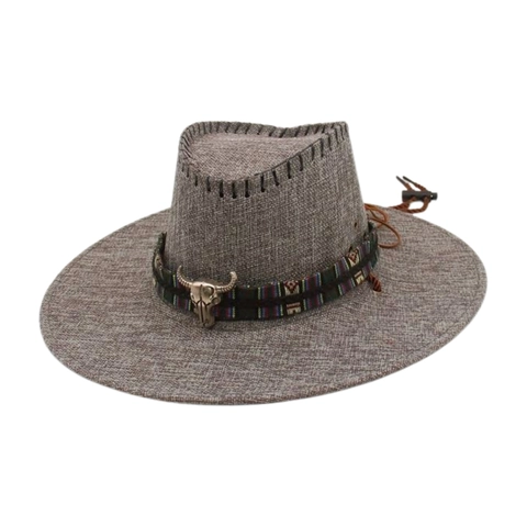 Chapeau De Cow-Boy Western Large Bord Style Paille Sangle Ethnique Décor Tête De Taureau Corde Réglable Protection Solaire