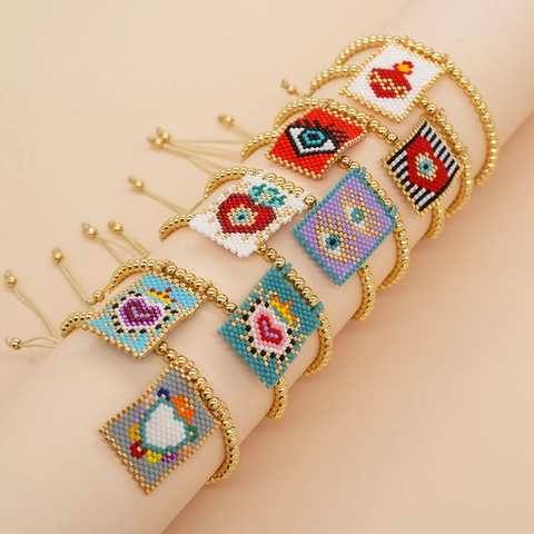 Bracciale Di Perline Miyuki Bohémien Per Donna Intrecciato A Mano Regolabile Perlina Dorata Malocchio Cuore Stile Tribal