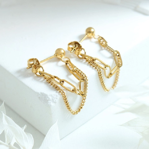 Back Hanging Double Layer Chain Tassel Earrings Stainless Steel Ball Stud Geometric Minimalist Drop Dangle For Women
