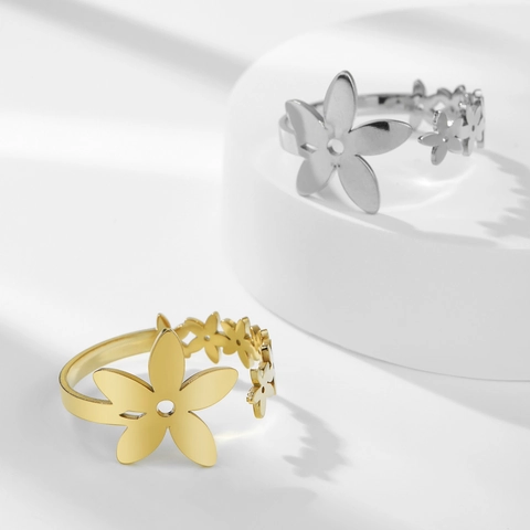 Hollow Flower Open Ring 18K Gold Plated Stainless Steel Adjustable Minimalist Floral Jewelry For Women