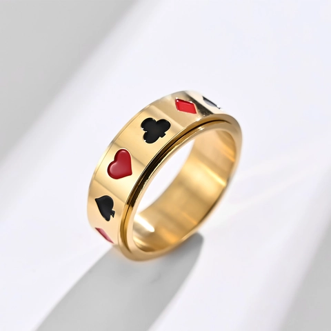 Anello Spinner in Acciaio al Titanio Semi Carte Poker Rotante per Uomo Donna Antistress Cuore Picche Fiori Quadri Anello