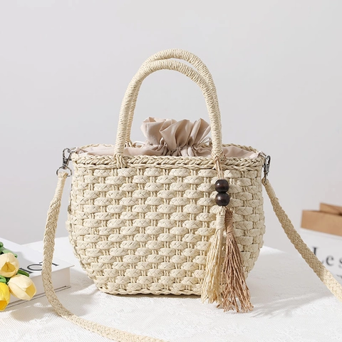 Bolso De Hombro Tejido De Paja Para Mujer Borla Cuentas De Madera Cordón Verano Playa Vacaciones Bolso De Mano