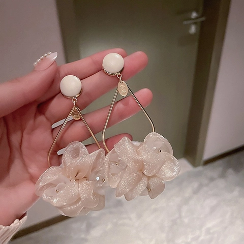 Large Fabric Floral Drop Earrings With 925 Sterling Silver Earring Post Alloy Geometric Frame Sweet Elegant For Women