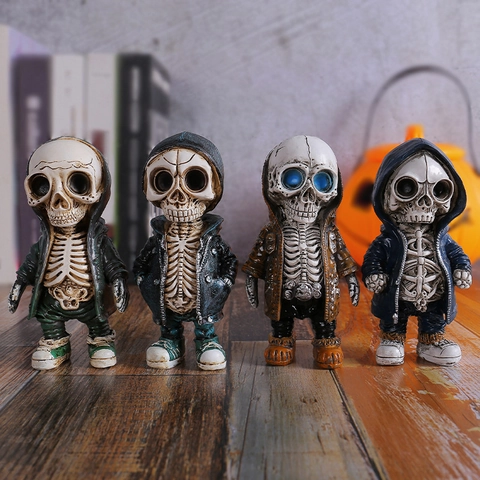 Ornamento De Calavera De Resina Decoración De Halloween Figurilla De Esqueleto Con Capucha Estilo Callejero Estatua De Colección