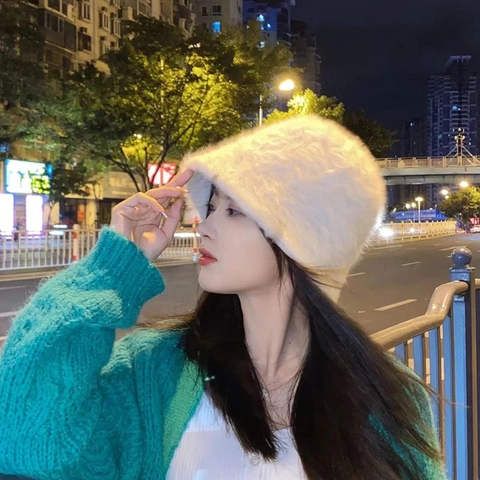 Sombrero de Pescador de Imitación de Pelo de Conejo para Mujer Invierno Cálido Felpa Suave Plegable Color Sólido Estilo Coreano