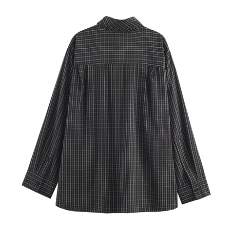 Women Plaid Shirt Long Sleeve Button Down Blouse With Scarf Tie Collar Polyester Poplin Check Top Fashion Casual