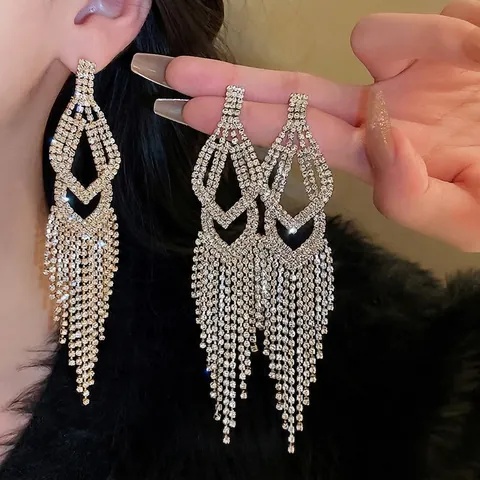 Long Tassel Earrings For Women Alloy Rhinestone Geometric Rhombus Dangle Luxury Evening Party Jewelry With Silver Earring Post